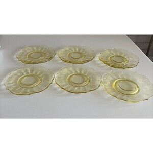 Lancaster Jubilee 6 Yellow Depression Glass Etched 6" Bread/Salad/Dessert Plates